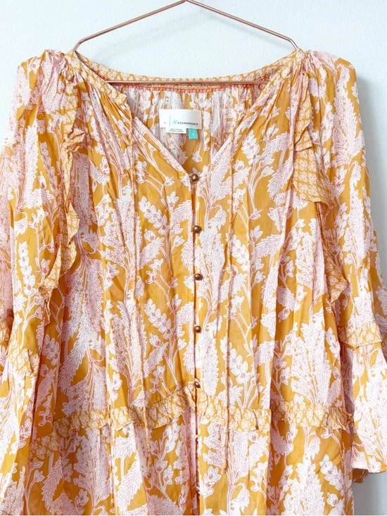 Anthropologie Mia Tiered Boho Ruffle Peasant Tunic Top - Yellow Floral - Picture 4 of 12